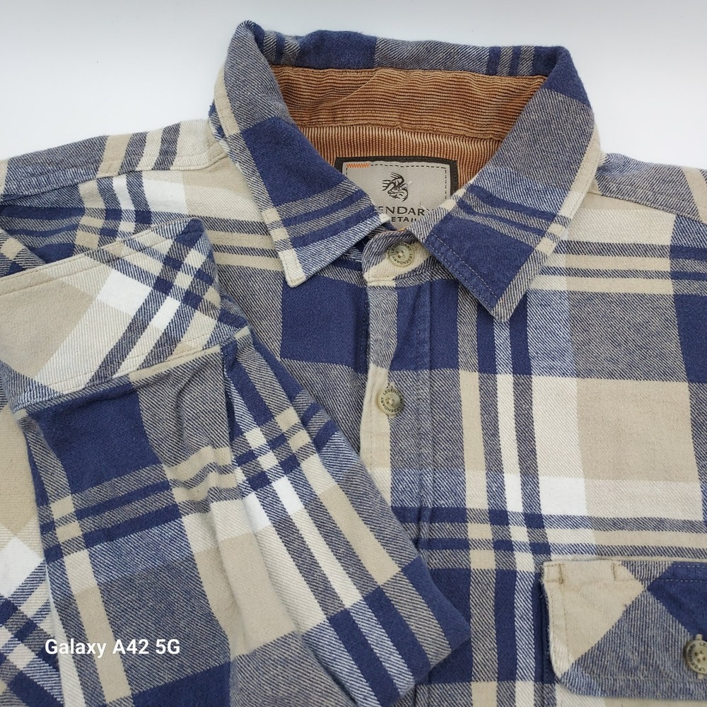 Legendary Whitetails Mens Flannel Shirt Blue Tan Plaid Corduroy Trim Size Medium